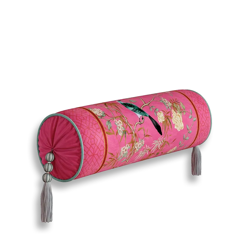 Chinoiserie window lattice birds blossoms armrest pillow, style B.