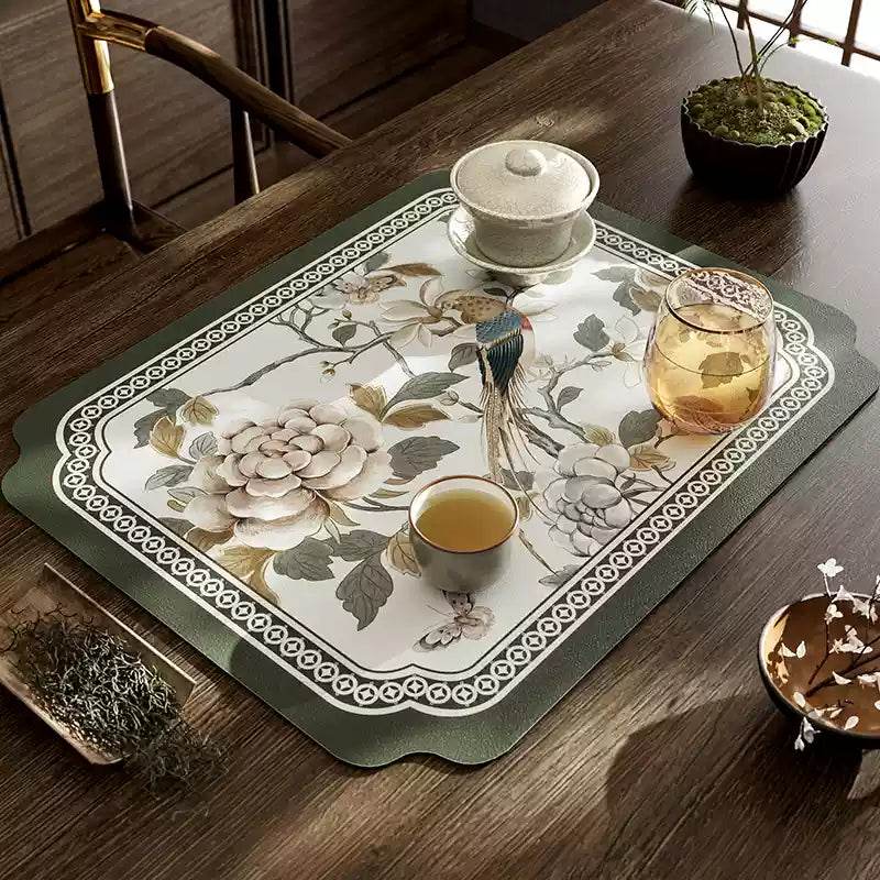 Chinoiserie Tea Table Runner Vintage Leather Absorbent Tea Mat - SinoCultural -- TM050A15
