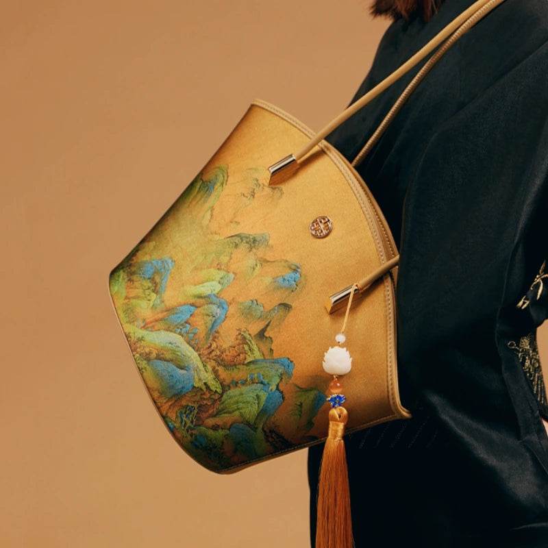 Chinese Painting Mulberry Silk Tote Bag Green Women Handbag - SinoCultural -- P220263-2
