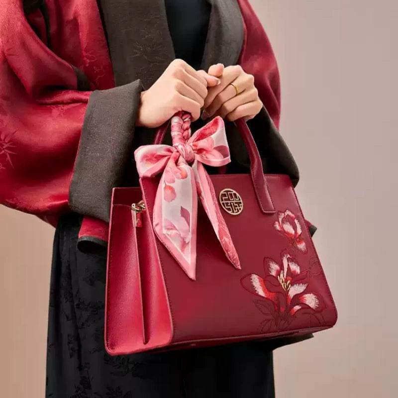 Embroidery Leather White Commuting Handbag Orchid with Scarf - SinoCultural -- P120437-1