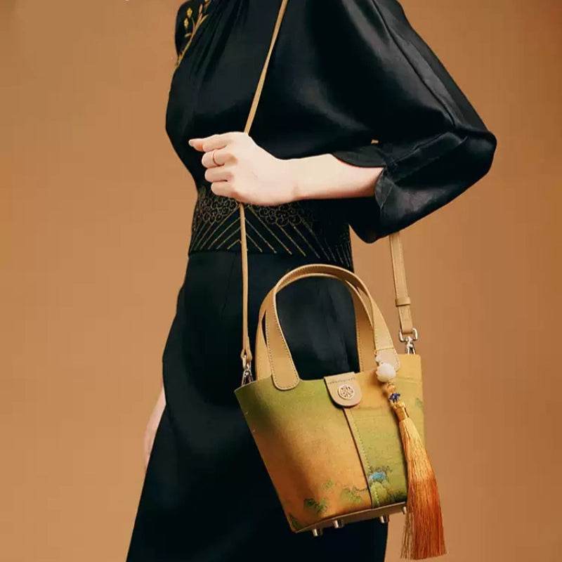 Chinese Painting Mulberry Silk Traditional Gold Basket Bag - SinoCultural -- P170090