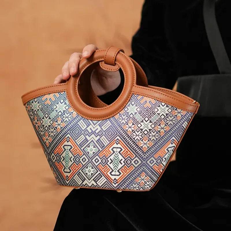 Zhuang Brocade Handicraft Unique Crossbody Basket Bag - SinoCultural -- FJ120001-2