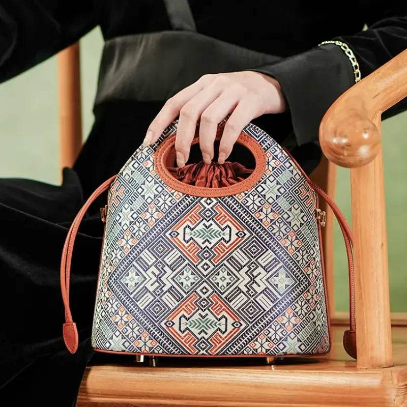 Zhuang Brocade Vintage Drawstring Bucket Bag - SinoCultural -- FJ120670