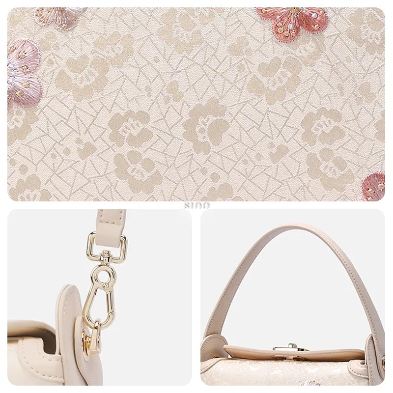 Silk embroidery texture, hardware details and leather strap.
