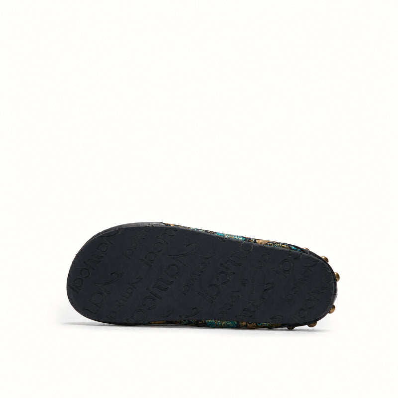 Bottom view showing the durable rubber outsole of black Song Brocade mule shoes.
