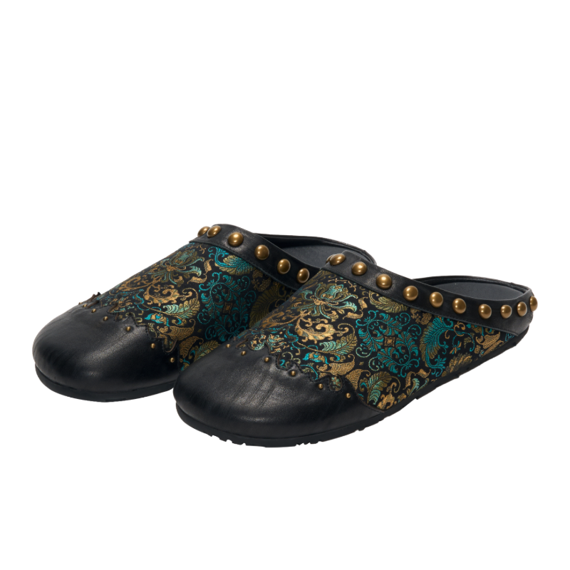 Black Song Brocade Ancient Leaf mule shoes isolated on transparent background showing elegant handcrafted details.
