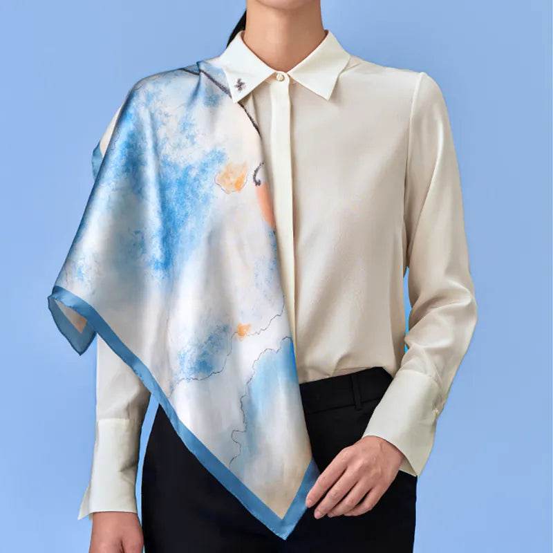 100% Mulberry Silk Watercolor Misty Lotus Square Scarf 70 x 70 Cm - SinoCultural -- SS023-1