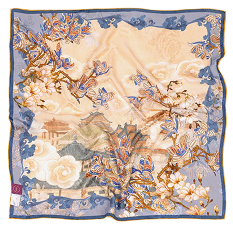 Full view of the blue side of the Luxury Nanjing Brocade Bloom double-sided mulberry silk square scarf with floral palace scenery.