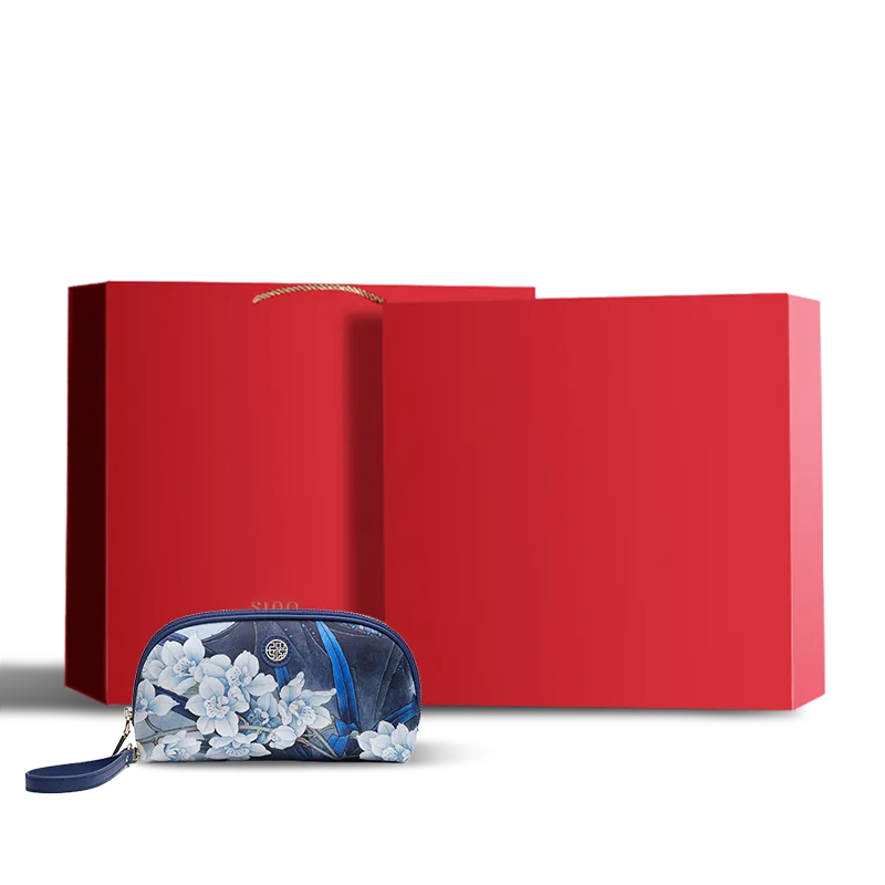 Blue Orchid Clutch in Red Gift Box Packaging.