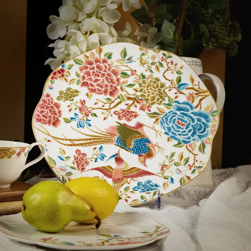 Square plate with pears displayed in front.