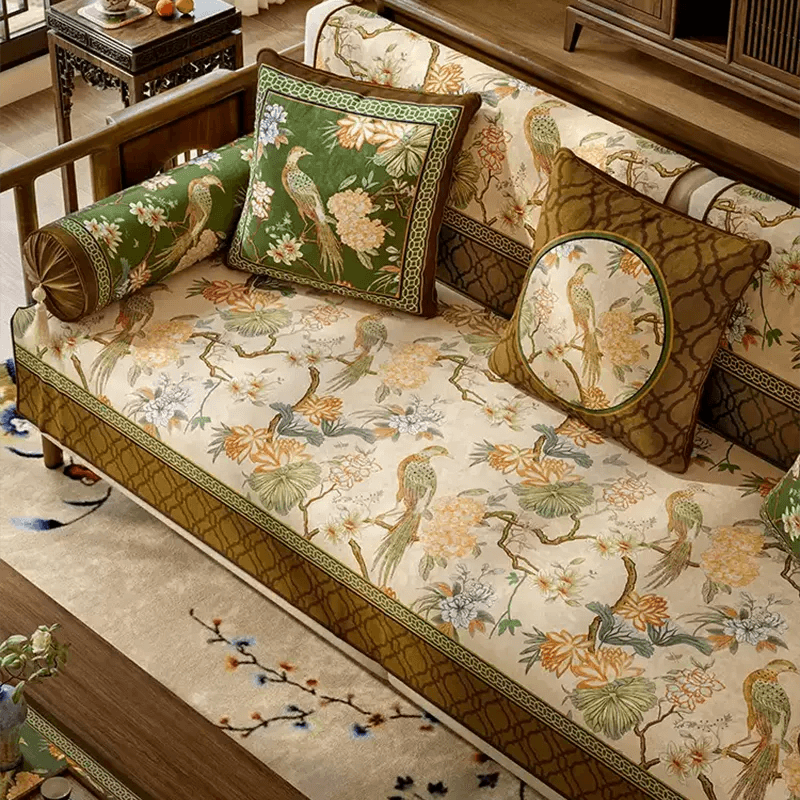 Chinoiserie Vintage Emerald Mountain Bird Floral Hydrangea Sofa Slipcover - SinoCultural -- SOC005A9090