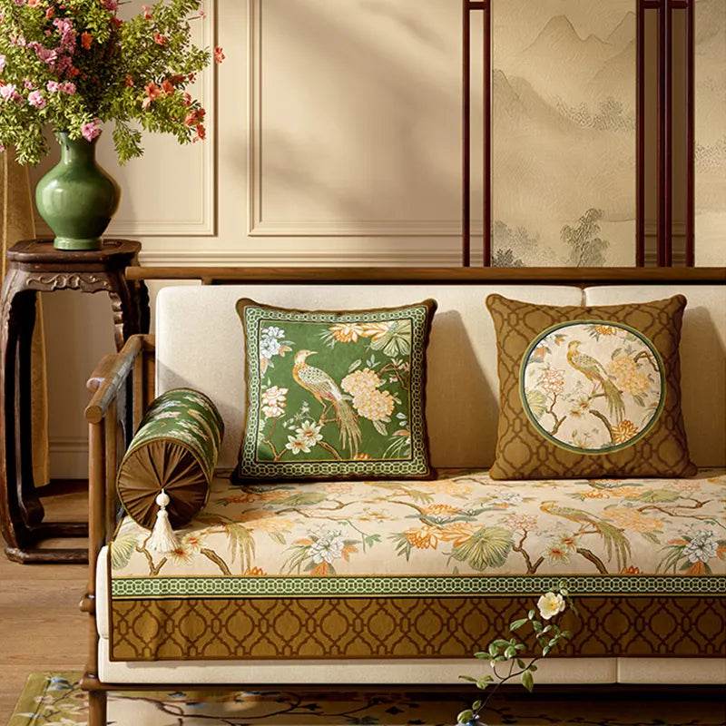 Chinoiserie Vintage Emerald Mountain Bird Floral Hydrangea Sofa Slipcover - SinoCultural -- SOC005A9090