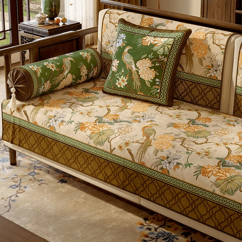 Chinoiserie Vintage Emerald Mountain Bird Floral Hydrangea Sofa Slipcover - SinoCultural -- SOC005A9090