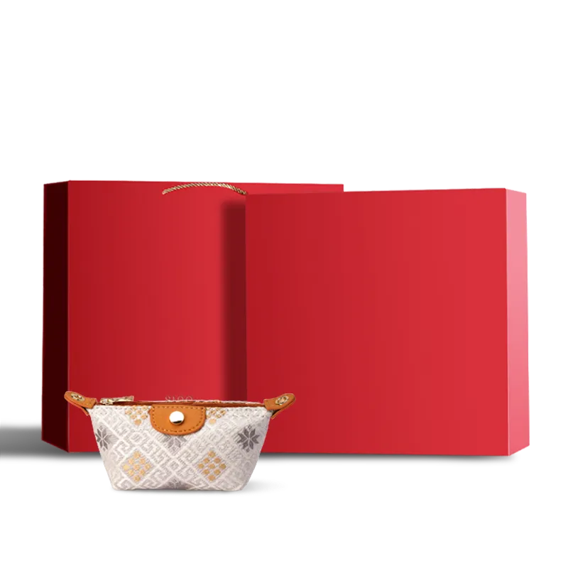 Brown Zhuang Brocade Mini Wallet in Red Gift Box.