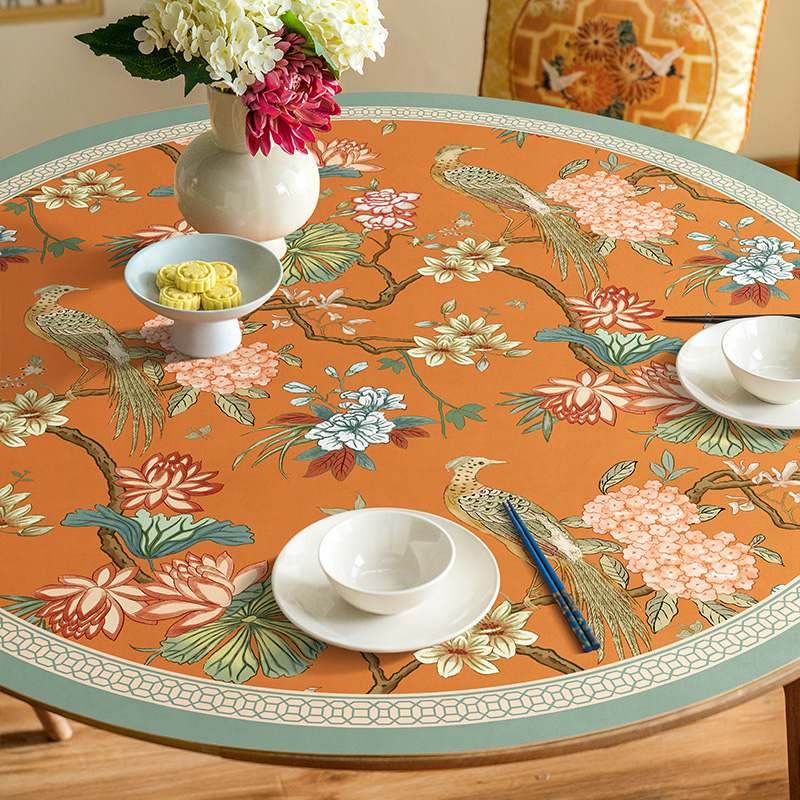 Chinoiserie Orange Mountain Hydrangea Round Leather Table Mat - SinoCultural -- TM034A50