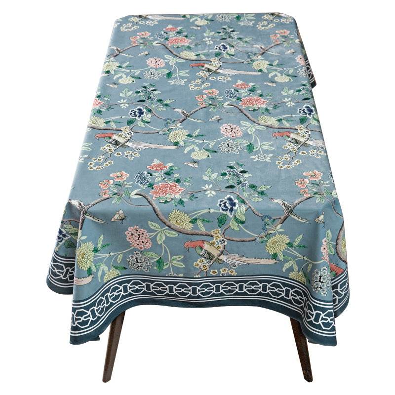 Chinoiserie Vintage Flowers and Birds Blue Tablecloth - SinoCultural -- TC008B85