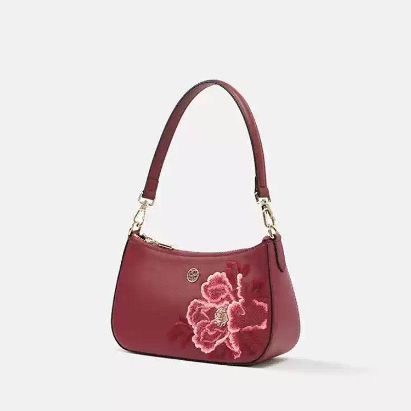 Embroidery Leather Red Shoulder Bag Peony Women's Hobo Handbag - SinoCultural -- P220212-1