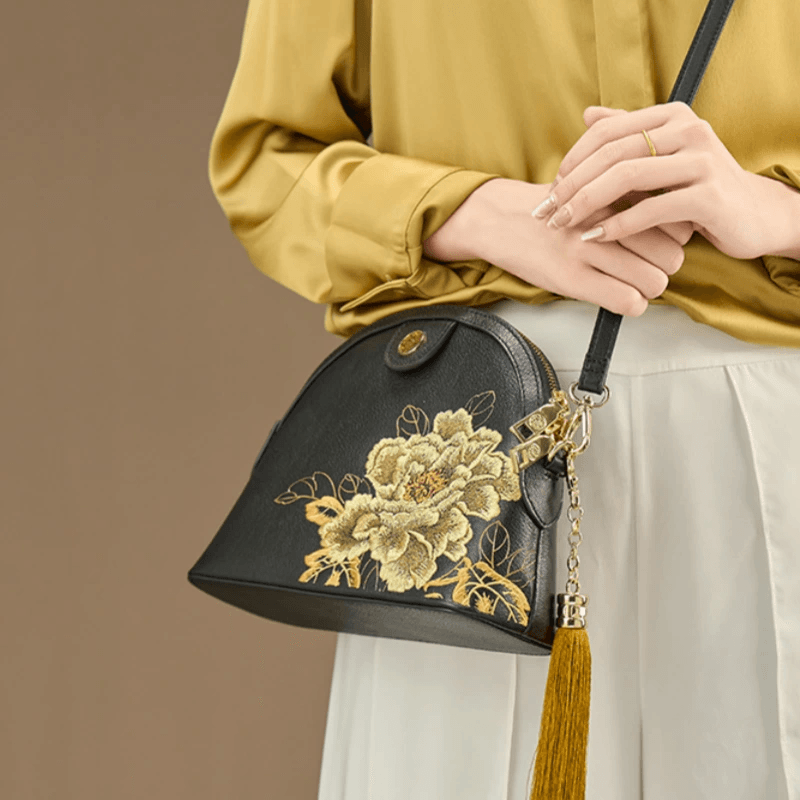 Embroidery Leather Shoulder Bag High Luxury Royal Gold Peony - SinoCultural -- P210079 -