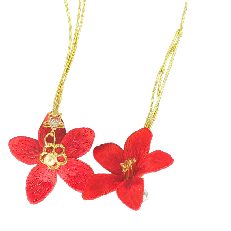 Back detail of Cantonese embroidery kapok earrings featuring gold-tone floral hardware and pearl accents.