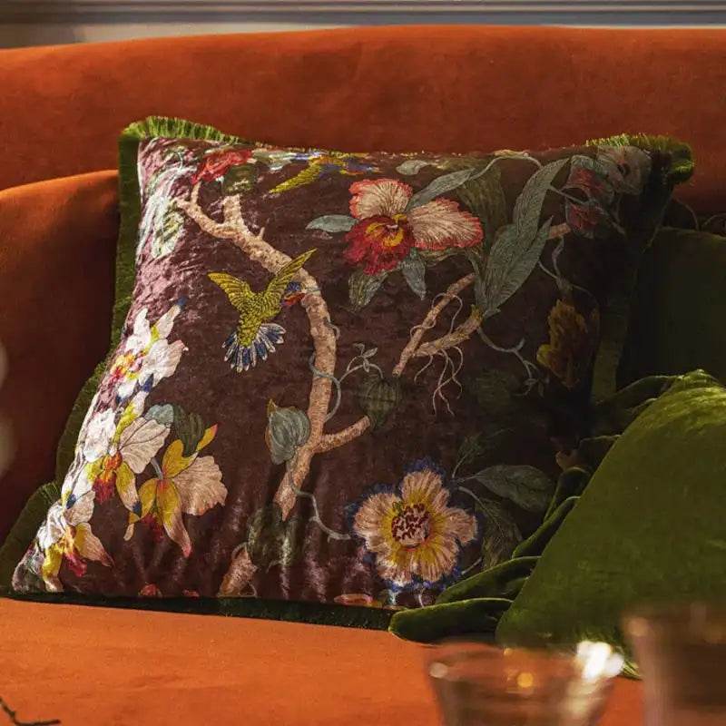 Chinoiserie Vintage Velvet Throw Pillow Floral and Botanical - SinoCultural -- SJZBZ006B01 -