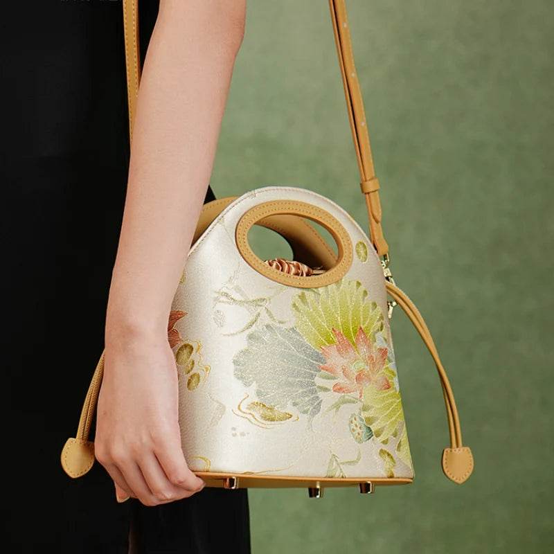 Printed Jacquard Lotus Khaki Drawstring Bucket Bag - SinoCultural