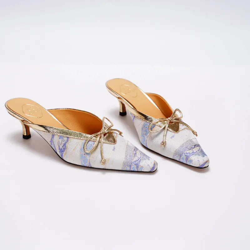 Chinese-inspired Song Brocade kitten heel mules for women blending traditional craftsmanship with modern elegance.