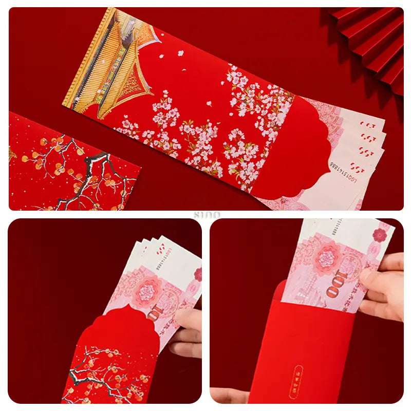 Chinese New Year red money envelopes with traditional floral and palace artwork, shown holding Chinese banknotes for festive cash gifting.