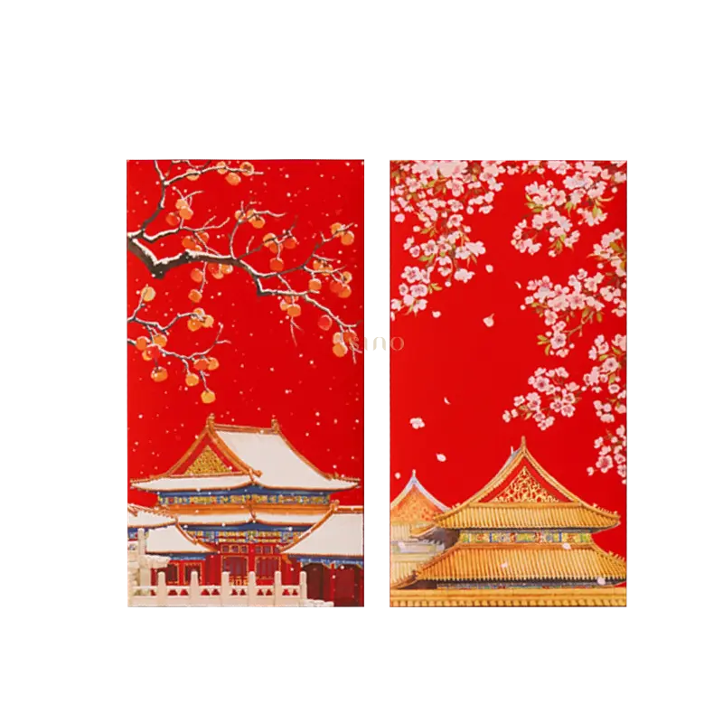 Two Chinese New Year red envelopes on a white background, featuring snowy persimmon branches and pink blossoms above traditional Chinese palace buildings.