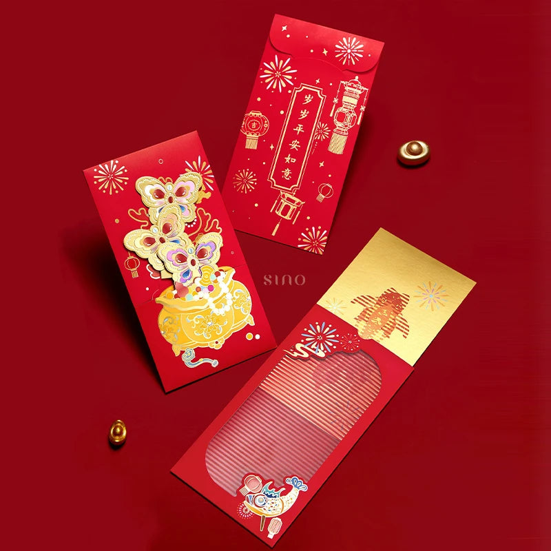 Three red Chinese New Year red packet designs arranged on a red background, featuring gold lettering, traditional decorative artwork, and a striped envelope window.