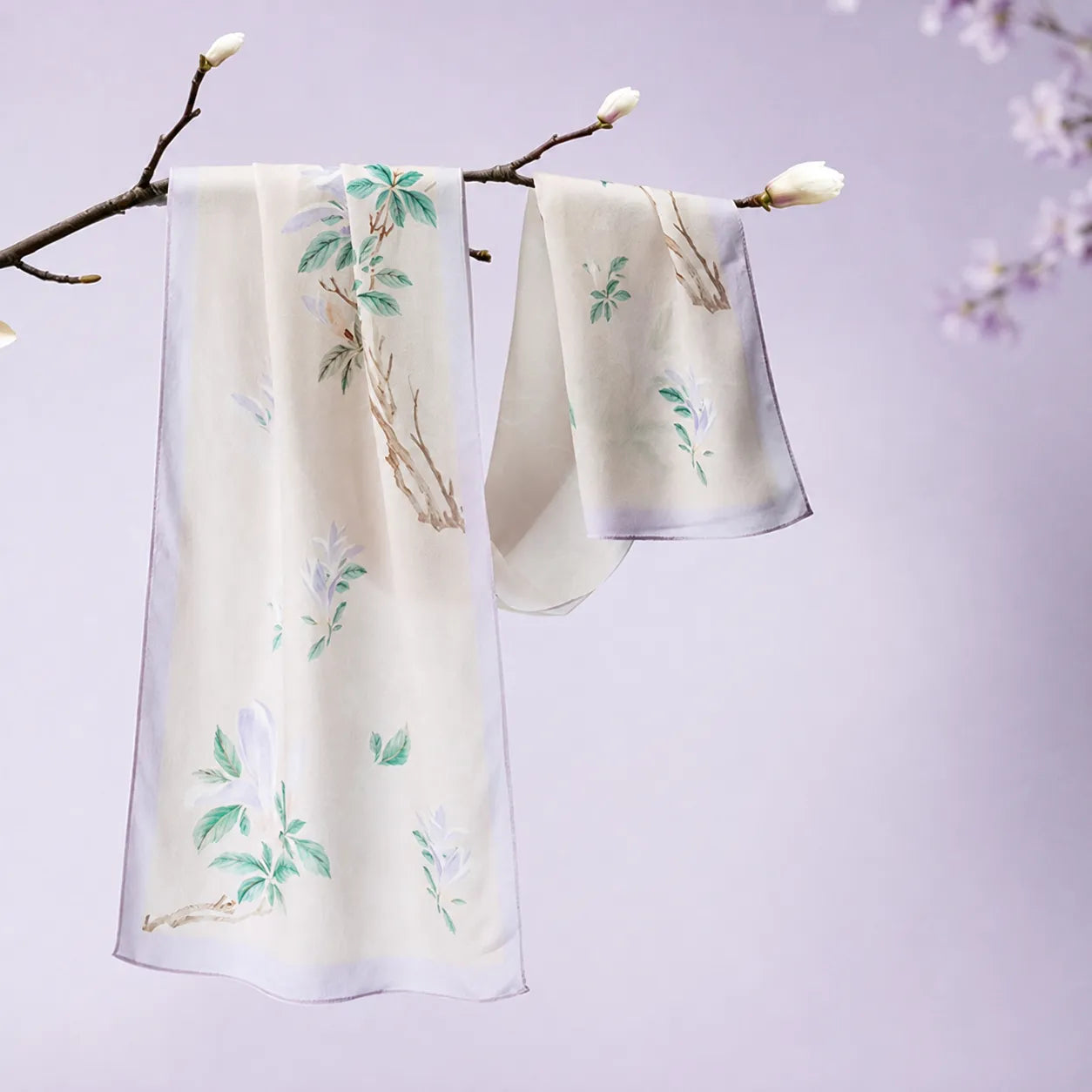 White Magnolia Chinese Poetic Blossom Print Mulberry Silk Long Scarf 140x32 cm with delicate floral and botanical motifs.