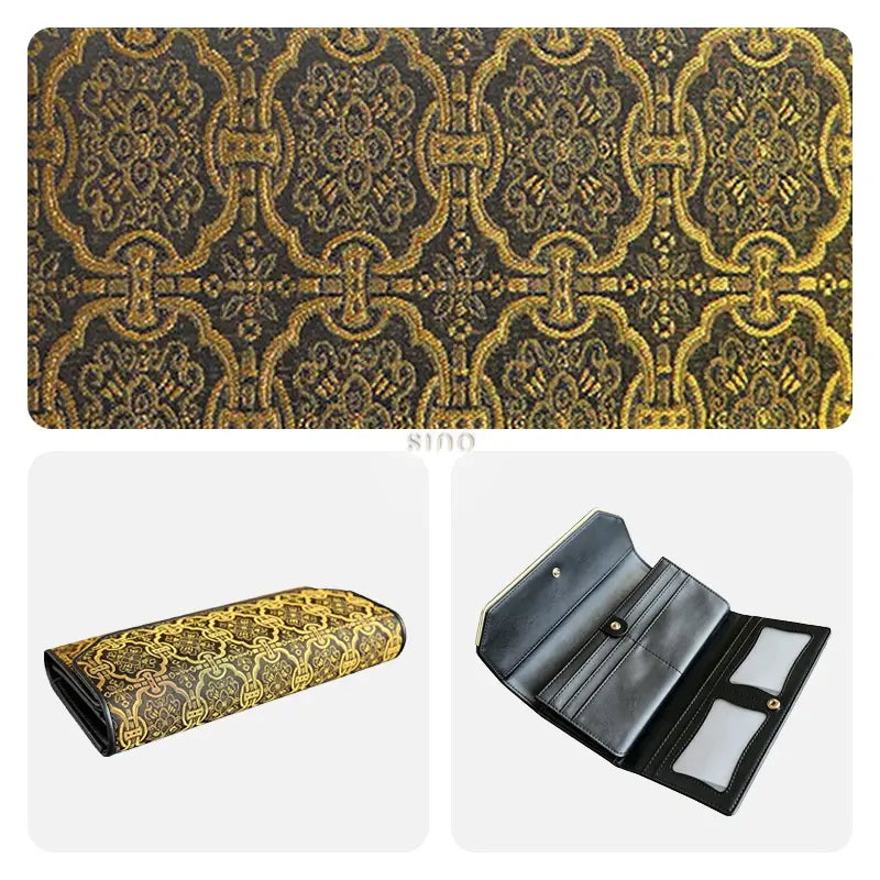 Fabric detail and interior views of the Chinese Song Brocade Dingsheng Motif women’s long wallet with card slots, cash compartments, and a zip coin purse.