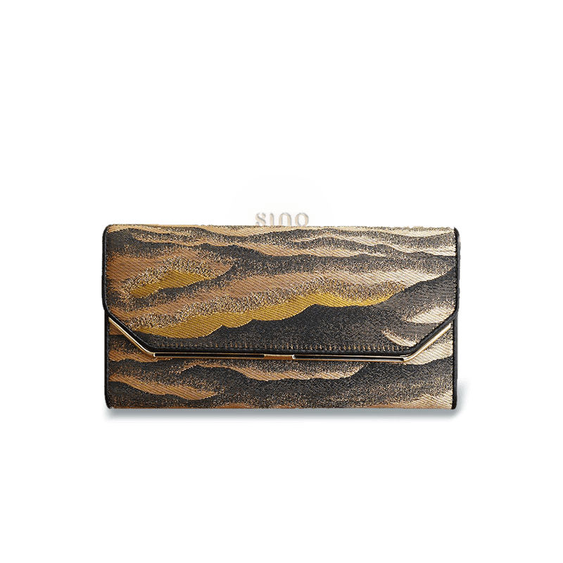 Front view of the Chinese Song Brocade Flowing Clouds and Layered Peaks Leather Long Wallet with a black, gold, and silver landscape pattern.