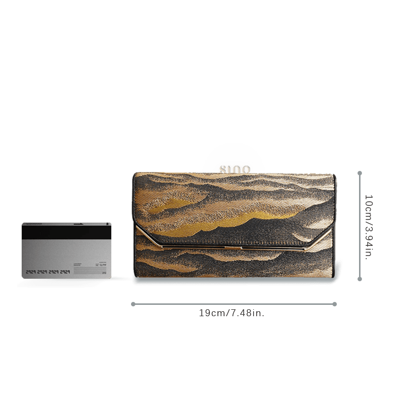 Size reference of the Chinese Song Brocade leather long wallet beside a card, measuring approximately 19 × 10 cm.