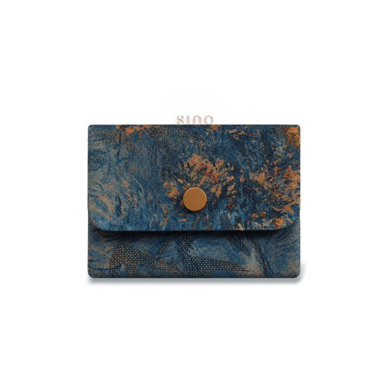Front view of the Chinese Xiangyunsha Silk Deep Blue Spring Bloom Snap Card Holder Wallet featuring a deep blue floral pattern and secure metal snap closure.