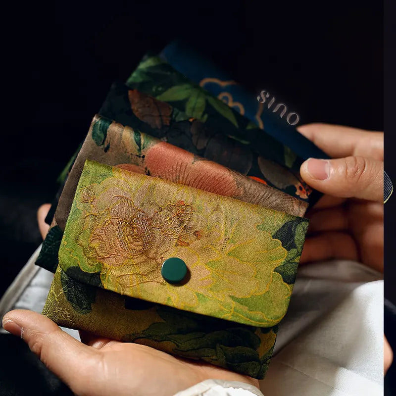 Chinese Xiangyunsha Silk Floral Snap Card Holder Wallet displayed with coordinating floral pattern and color options.