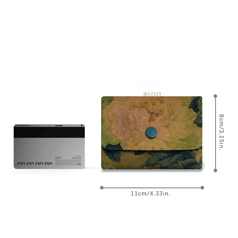 Size reference of the Chinese Xiangyunsha silk card holder wallet beside a bank card, measuring approximately 11 × 8 cm.