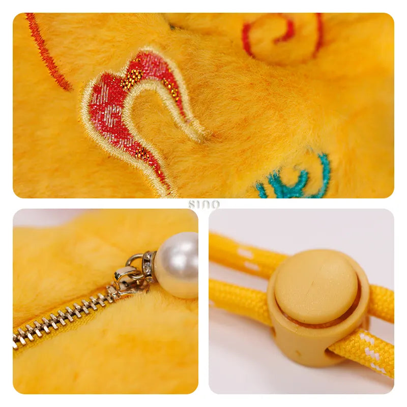 Detail collage of the Chinoiserie Auspicious Lion Plush Mini Crossbody Coin Purse - Chinese New Year Gift, highlighting the plush texture, embroidery, zipper closure, and adjustable cord details.
