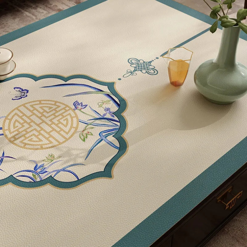 Chinoiserie blue coffee table mat with longevity motif detail.