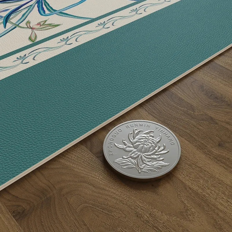 Chinoiserie blue leather cabinet mat with thick edge detail.
