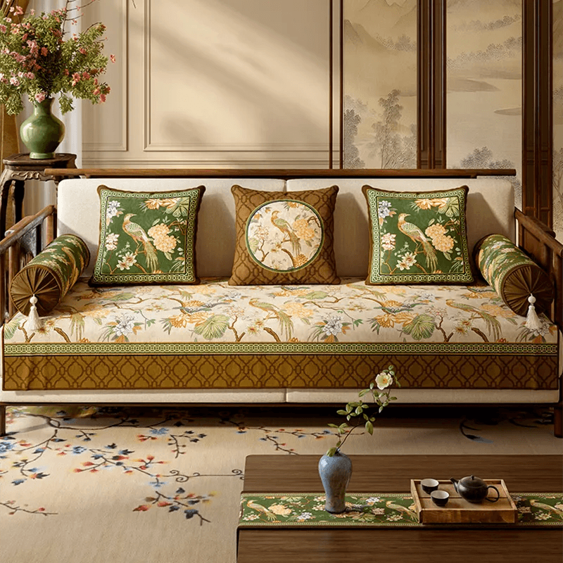 Chinoiserie Vintage Emerald Mountain Bird Floral Hydrangea Sofa Slipcover - SinoCultural -- SOC005A9090