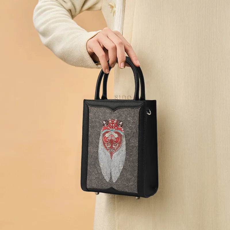 Chinoiserie Cicada Pattern Embroidered Leather Tote Bag - SinoCultural -- M120778-1