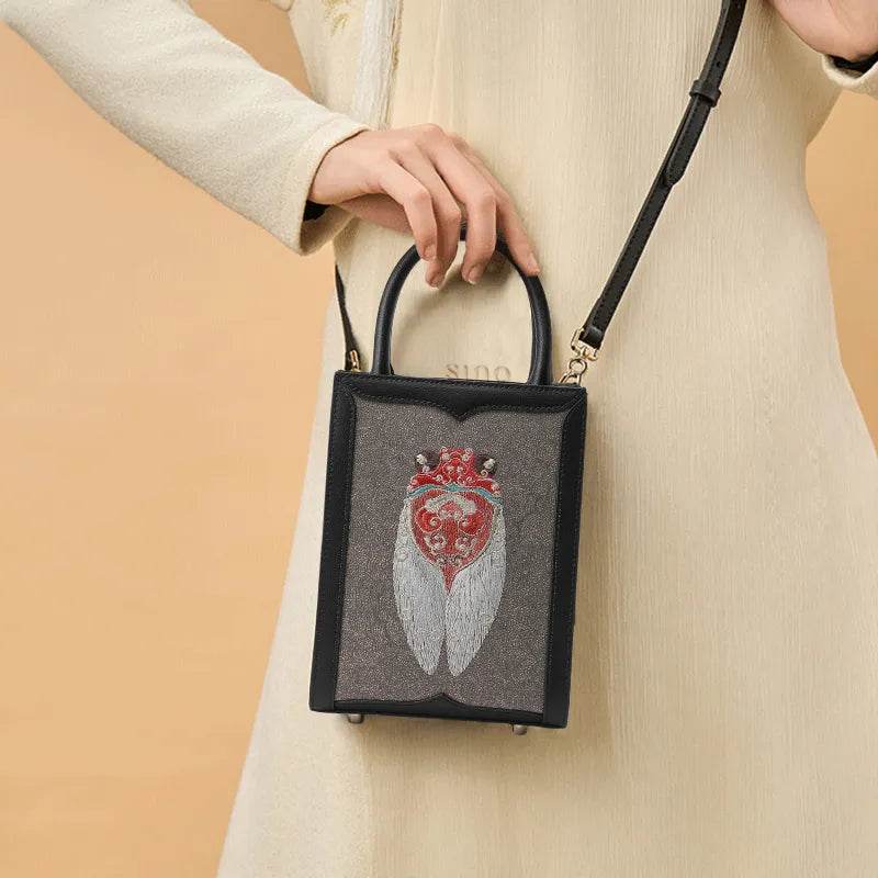 Chinoiserie Cicada Pattern Embroidered Leather Tote Bag - SinoCultural -- M120778-1