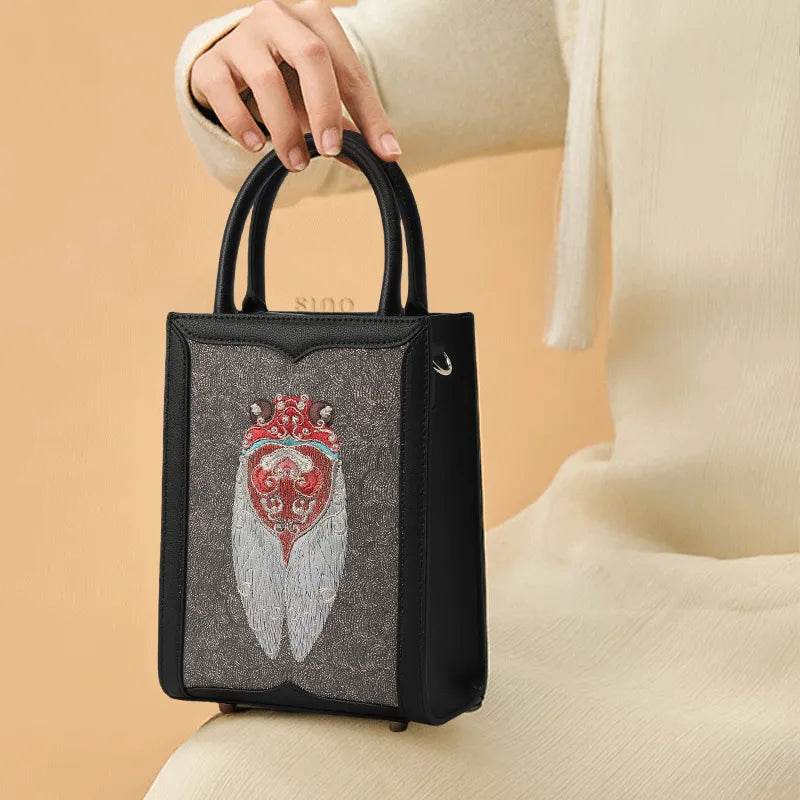 Chinoiserie Cicada Pattern Embroidered Leather Tote Bag - SinoCultural -- M120778-1