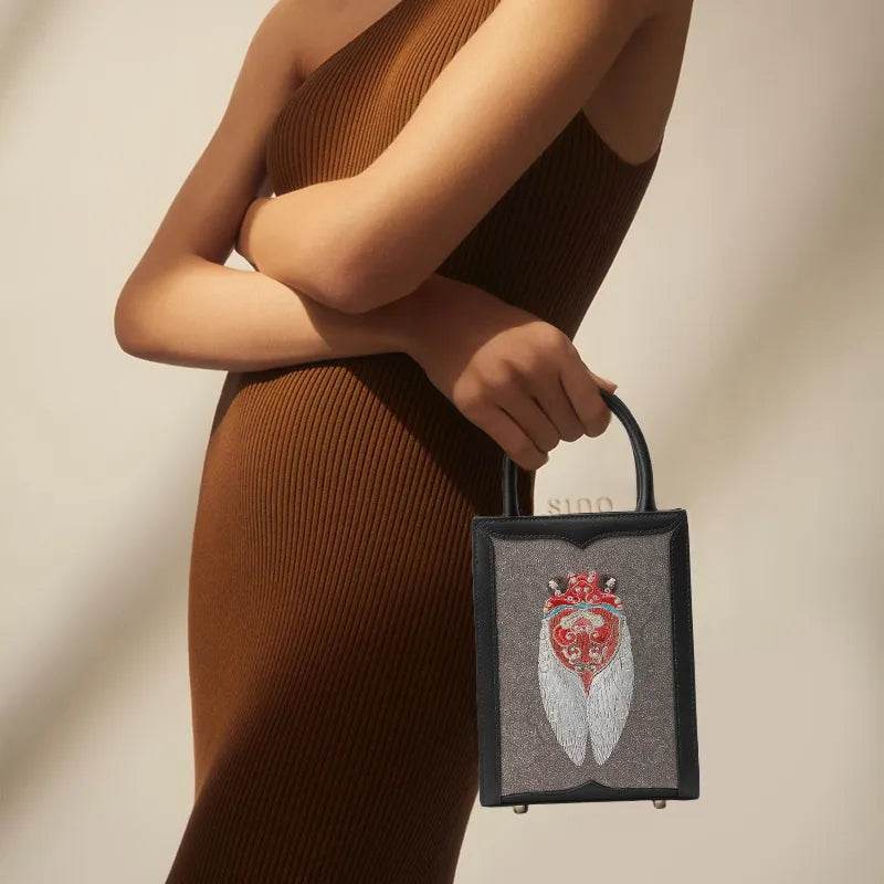 Chinoiserie Cicada Pattern Embroidered Leather Tote Bag - SinoCultural -- M120778-1