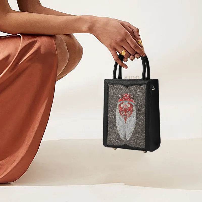 Chinoiserie Cicada Pattern Embroidered Leather Tote Bag - SinoCultural -- M120778-1