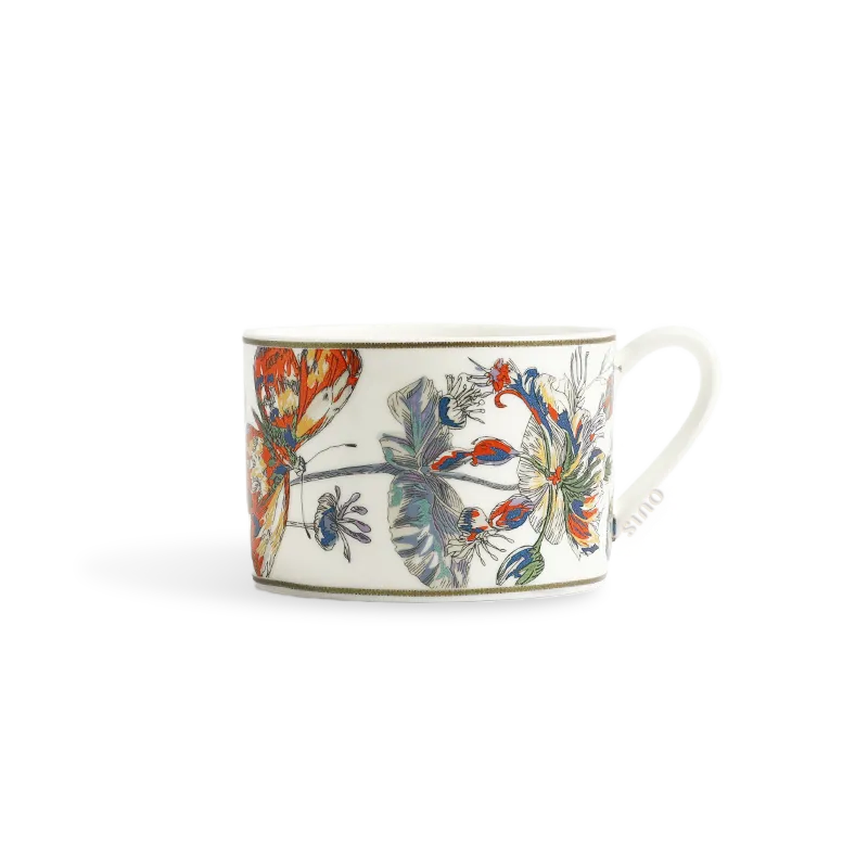 Chinoiserie bone china straight-sided coffee cup with butterfly floral motif.