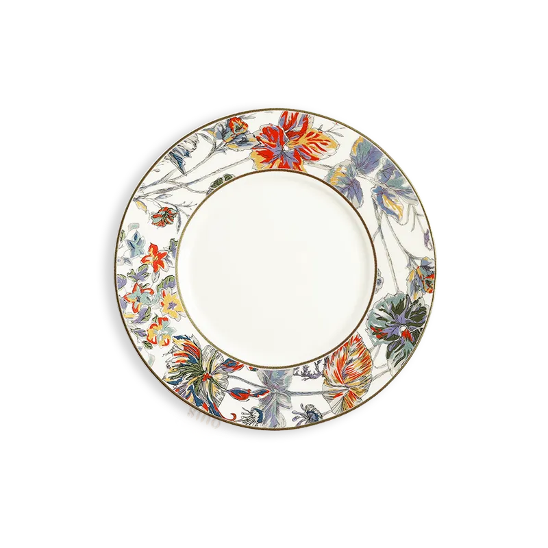 Chinoiserie bone china saucer with gold butterfly and floral motif.