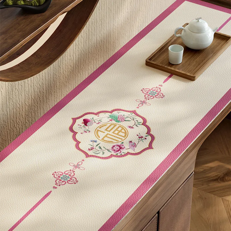 Chinoiserie coral pink protector mat for console table.