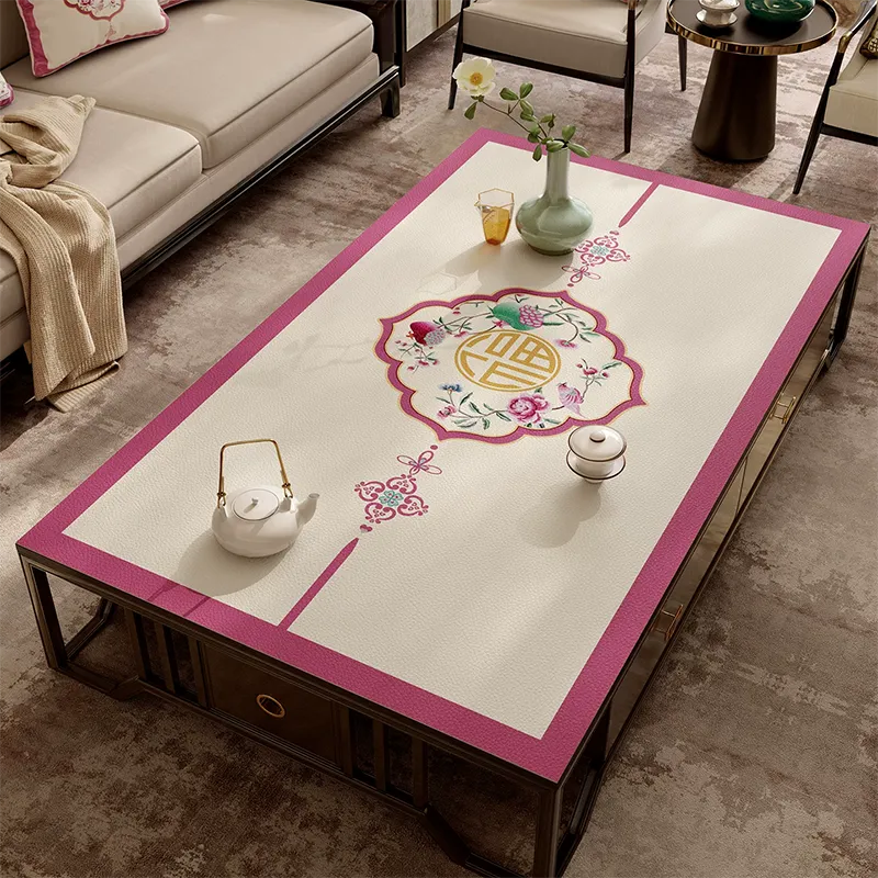 Chinoiserie coral pink leather coffee table mat with longevity design.