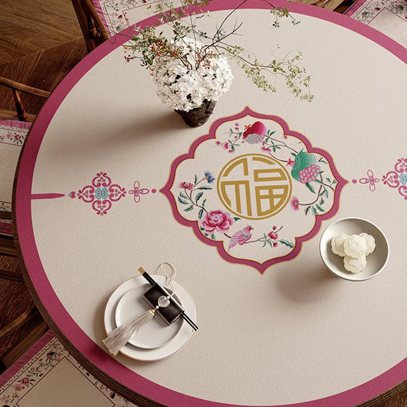 Chinoiserie coral pink round table mat with center pattern.